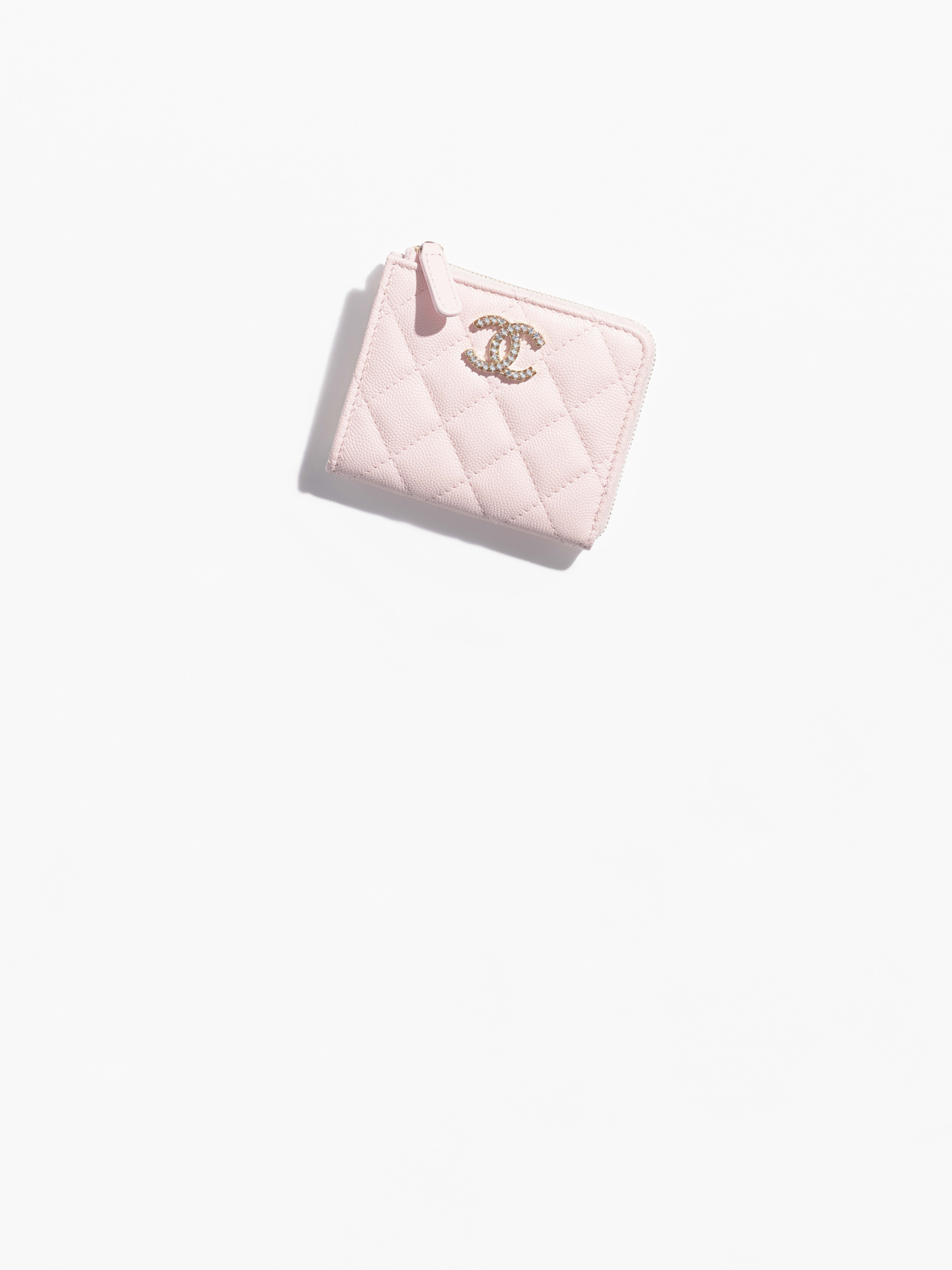 Small Zipped Wallet - Light Pink - Shiny Grained Calfskin, Strass & Gold-Tone Metal - artistique view 1 large